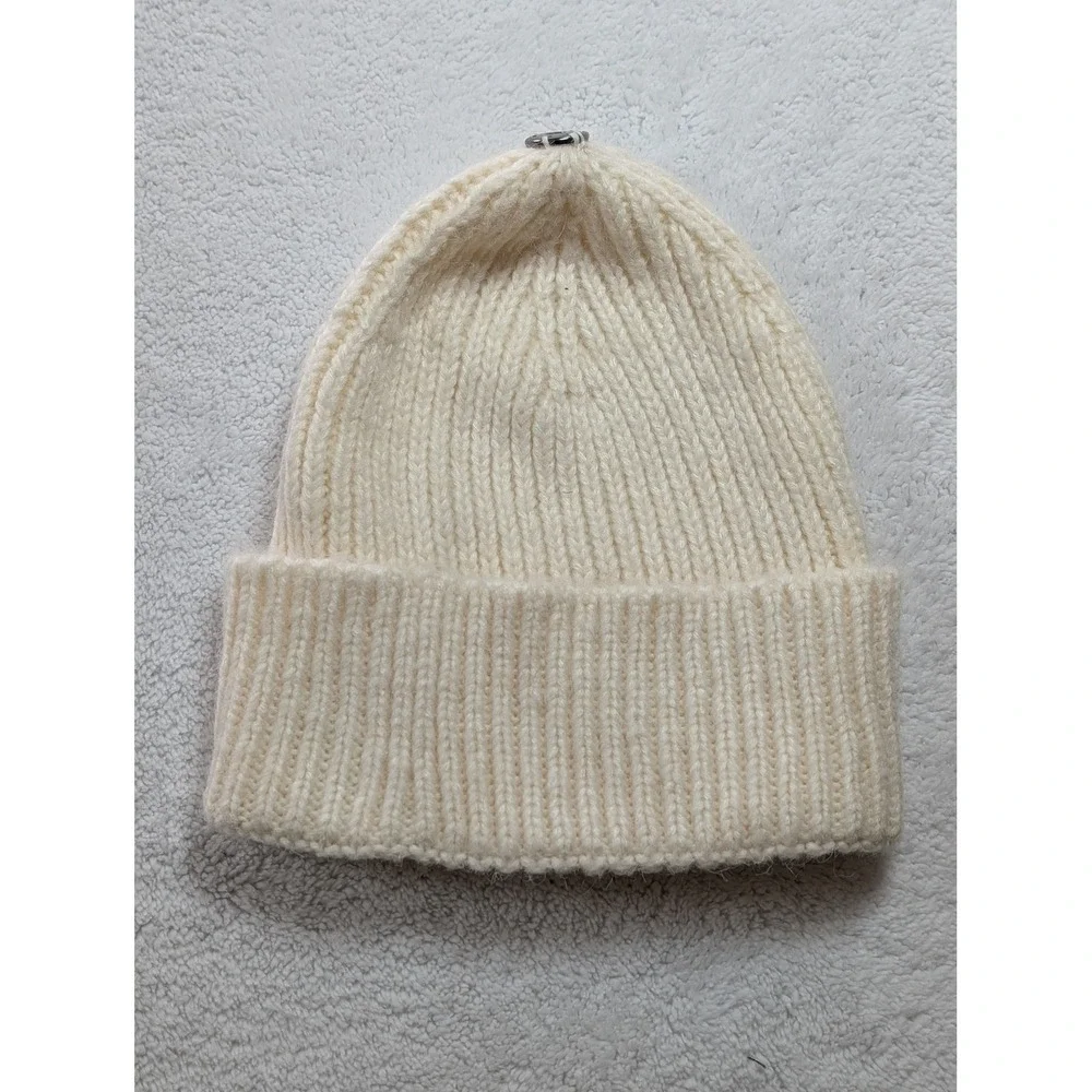 Anthropologie Cream Ribbed Knit Beanie Ivory Wool Blend Winter‎ Hat Snap Top